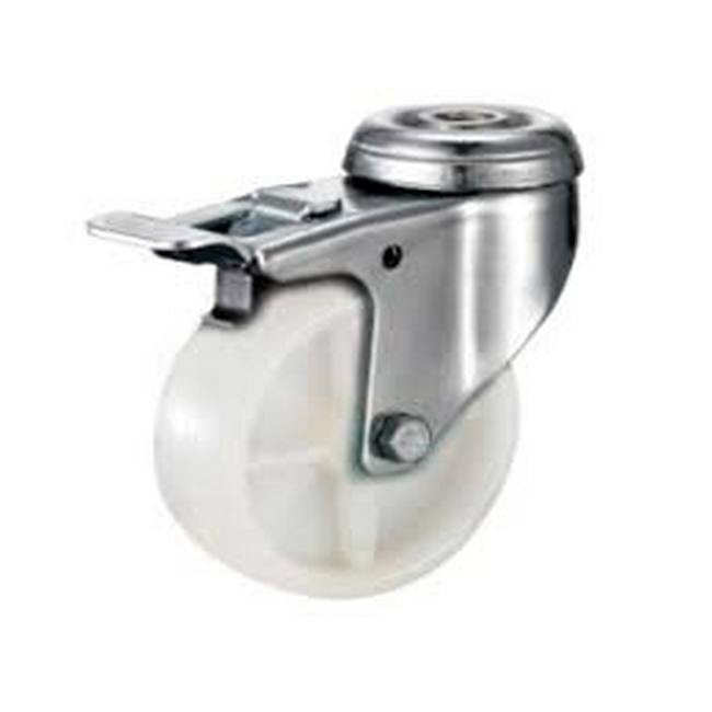 Castor Wheels - Nylon - Bolt Hole Swivel - Brake - White - 100mm - TOOC475