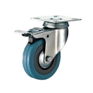 Castor Wheels - Blue Rubber - Top Plate Swivel - Brake - 100mm - TOOC447