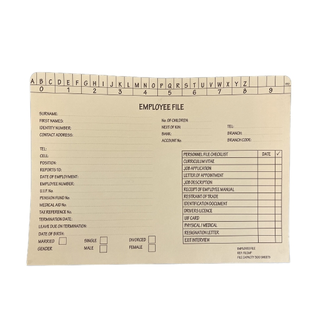 Employee Document Files - 180gsm - A4 - Pack of 250 - FILEMP001