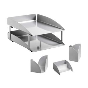 Desk Set - Modern Steel Range - Metal - Letter Tray - Business Card Holder - Pencil Cube and Cup - Silver - 411SI