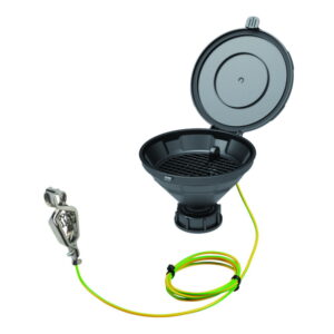 SCAT Funnel with lid "MARCO", V2.0, S55, PE-HD electrostatic conductive, 140 mm, with removable sieve and earthing cable