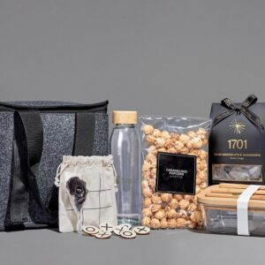 Deluxe Delicacies Hamper – Bamboo Lunch Box, Cutlery Set & Water Bottle, XOXO Set, Popcorn & Nougat Box in rPet 12 Can Cooler