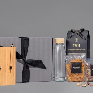 Eco Friendly Gift Hamper – 500ml Glass Water Bottle, Bamboo A5 Notebook & Pen, Dried Mango & Other Snacks in Gift Box