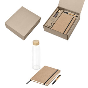 Eco Friendly Gift Set – A glass bottle, cork notebook & bamboo ball pen