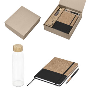 Ecological Gift Set – A glass bottle, cork notebook & bamboo ball pen