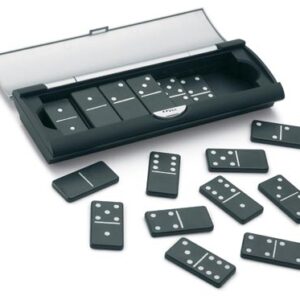 Domino game elegantly presented in plastic black case.