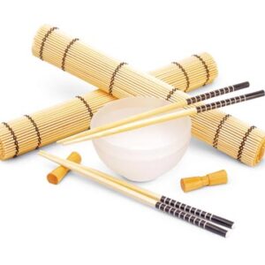Dinner set with bamboo placemats, glass cups and chopsticks.