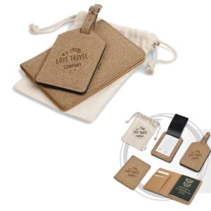 Okiyo Eco Friendly RFID Cork Travel Gift Set – Passport Holder & Luggage Tag In Cotton Pouch