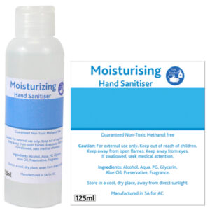 125ml Moisturising Sanitiser with full colour sticker – Min 150 Units