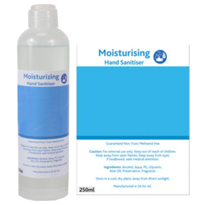 250ml Moisturising Sanitiser with full colour sticker – Min 100 Units