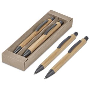 Steel & Bamboo Jonatu Ball Pen & Pencil Set In Eco Friendly Kraft Presentation box