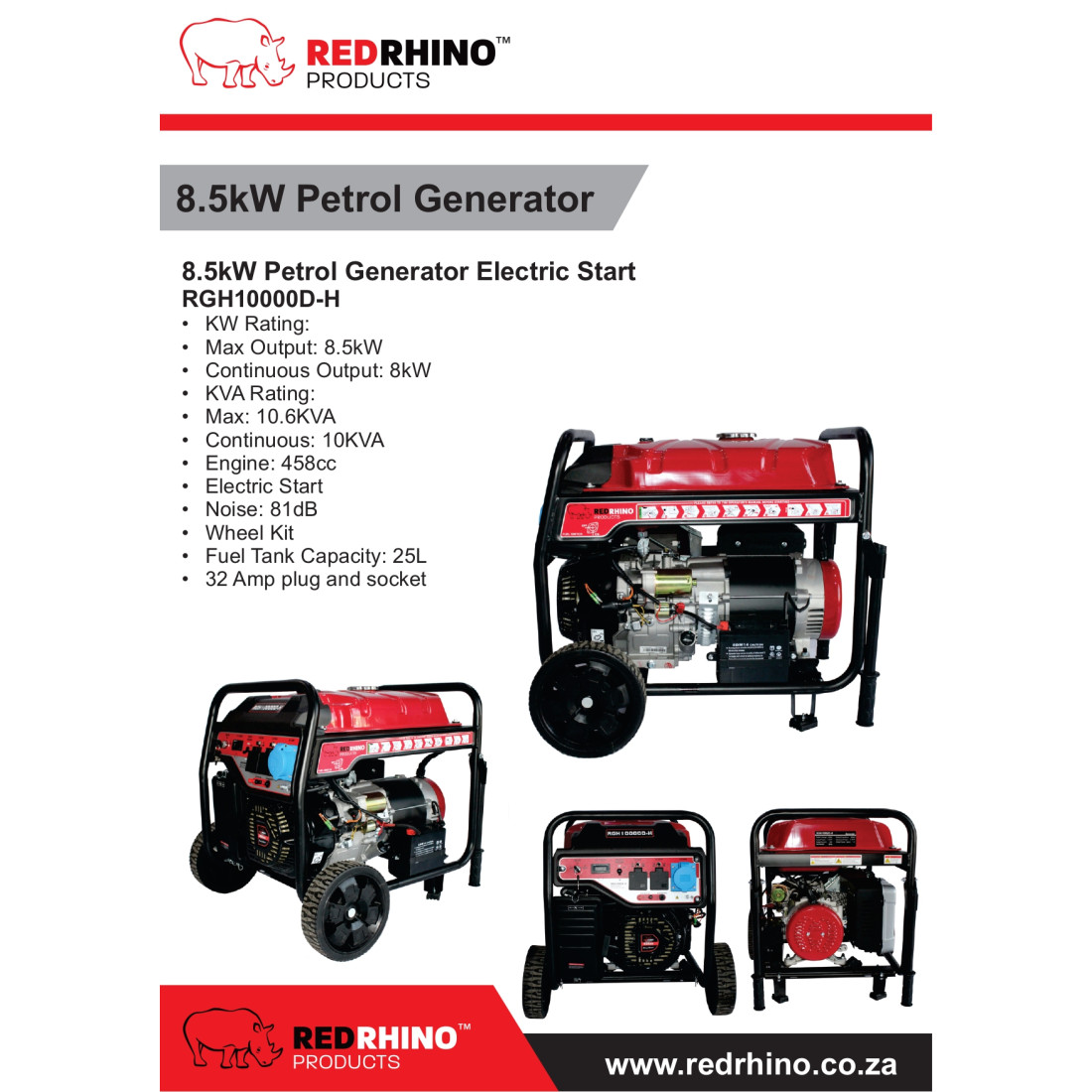 Red Rhino 8Kw H-Type Gasoline Generator (Electric Start) With Wheel Kit And Hour Meter - Image 2