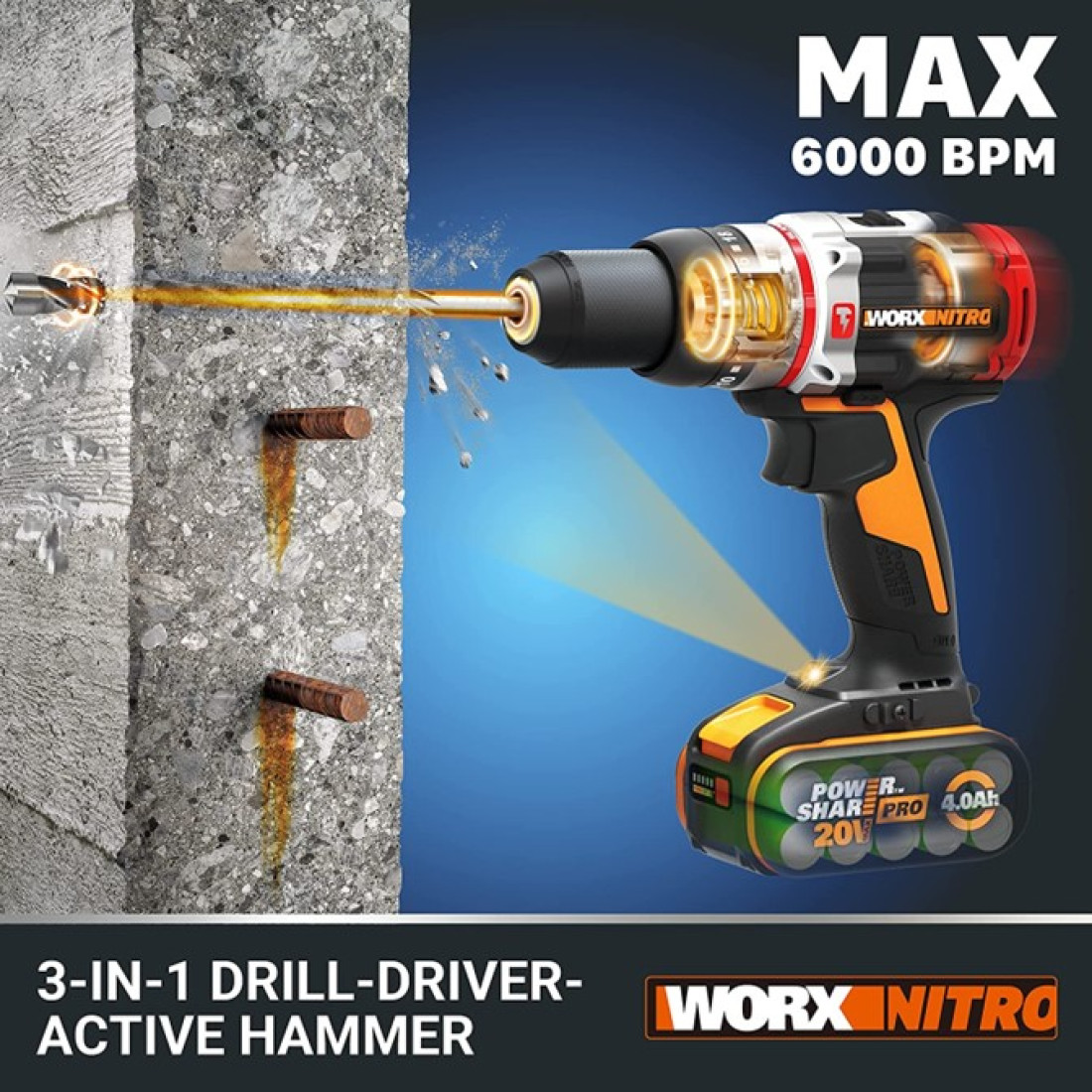 Worx Slammer 3-In-1 Brushless Active Hammer Drill 20V | Kit - Image 4