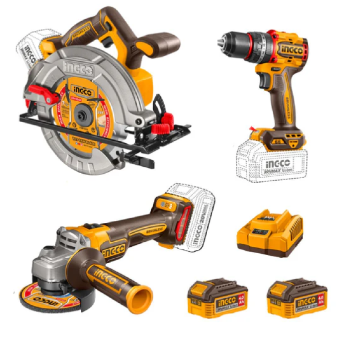 Ingco Cordless Impact Drill, Angle Grinder & Circular Saw 3 Pcs Combo Kit